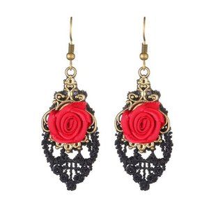 Fashion Retro Red Rose Hollow Lace Alloy Earrings Halloween Gift
